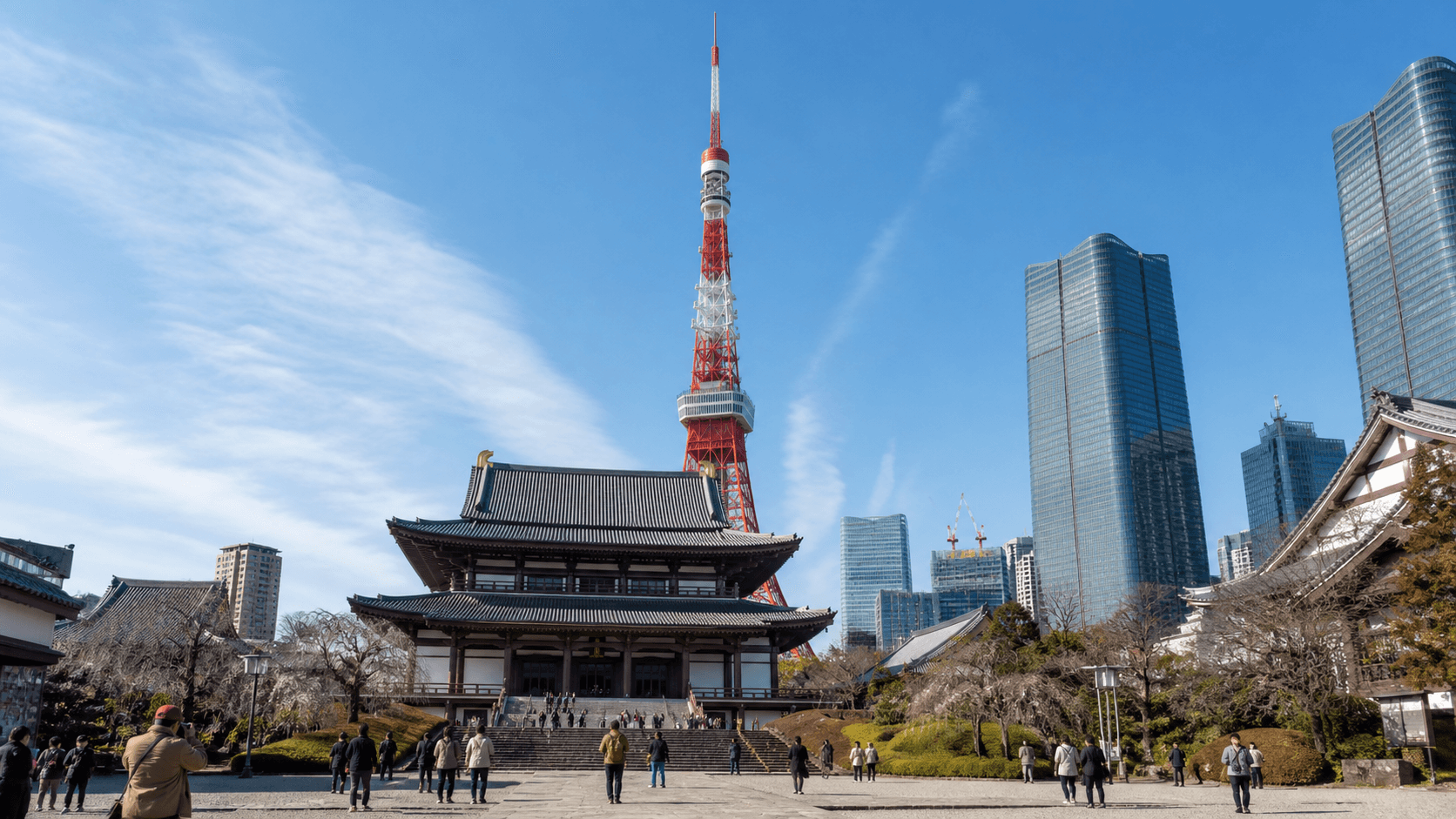 东京塔:从增上寺望向红白塔身的当前写实编辑视觉
